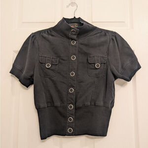 Vintage Y2K Forever 21 Black Short Sleeve Jacket Button Up Cropped Utility Top